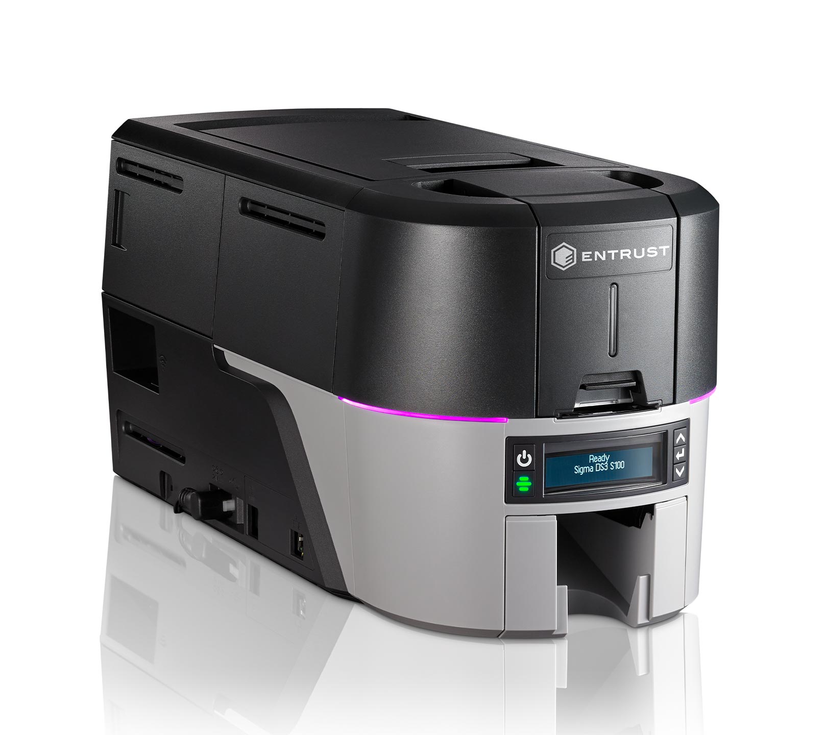 ID Card Printers and Supplies | ID CardSolutions - Front-right view of an Entrust office printer with a purple light strip and control panel