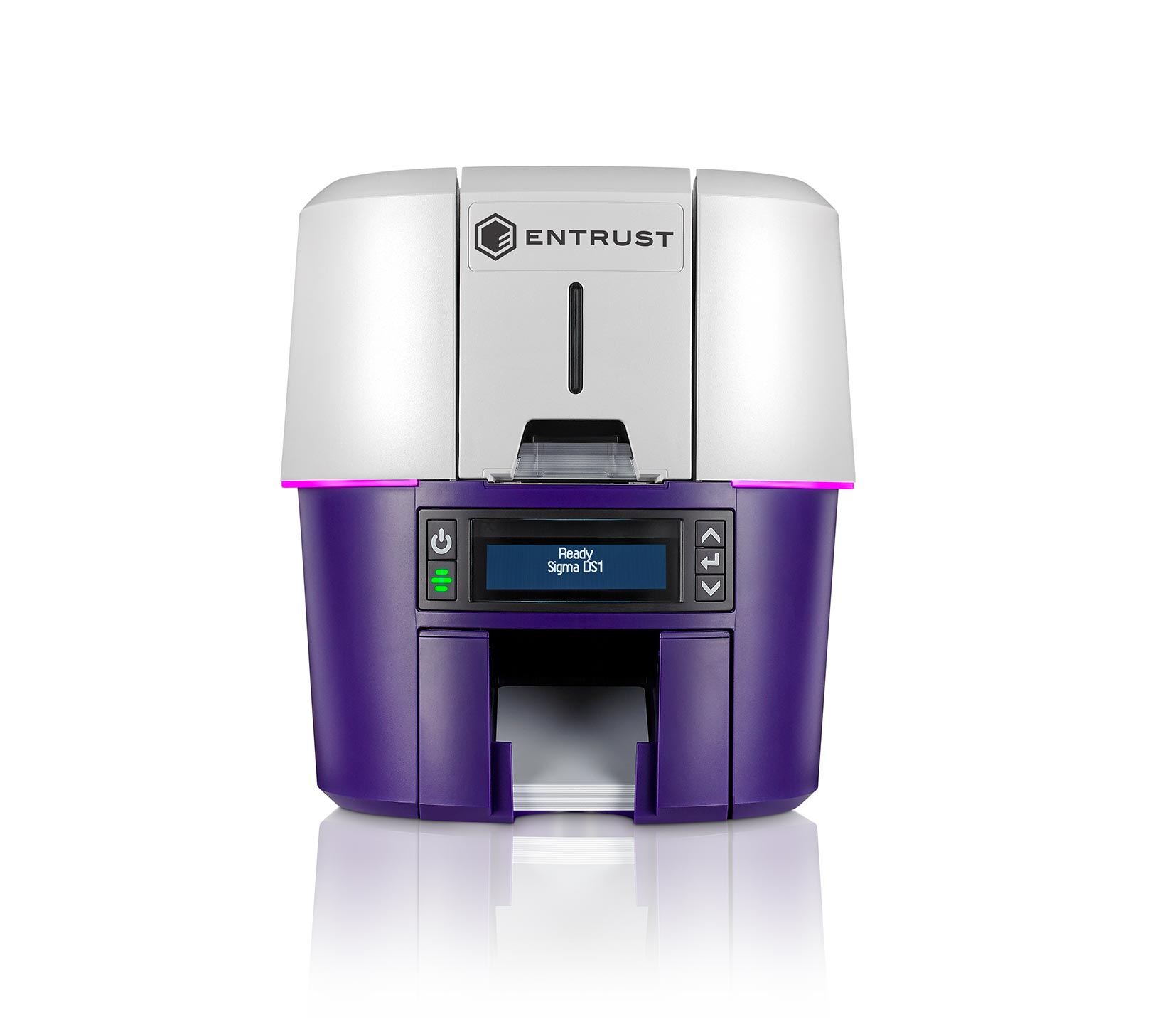 Front view of a purple Entrust 3D printer with a control panel showing 'Ready Sigma DS1' on the display.