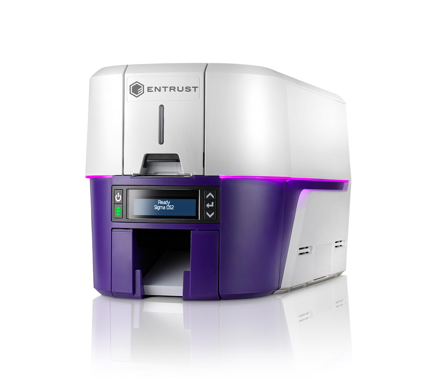 ID Card Printers and Supplies | ID CardSolutions - Entrust-branded white and purple printer with a control panel and pink accent lighting at the edge of the base