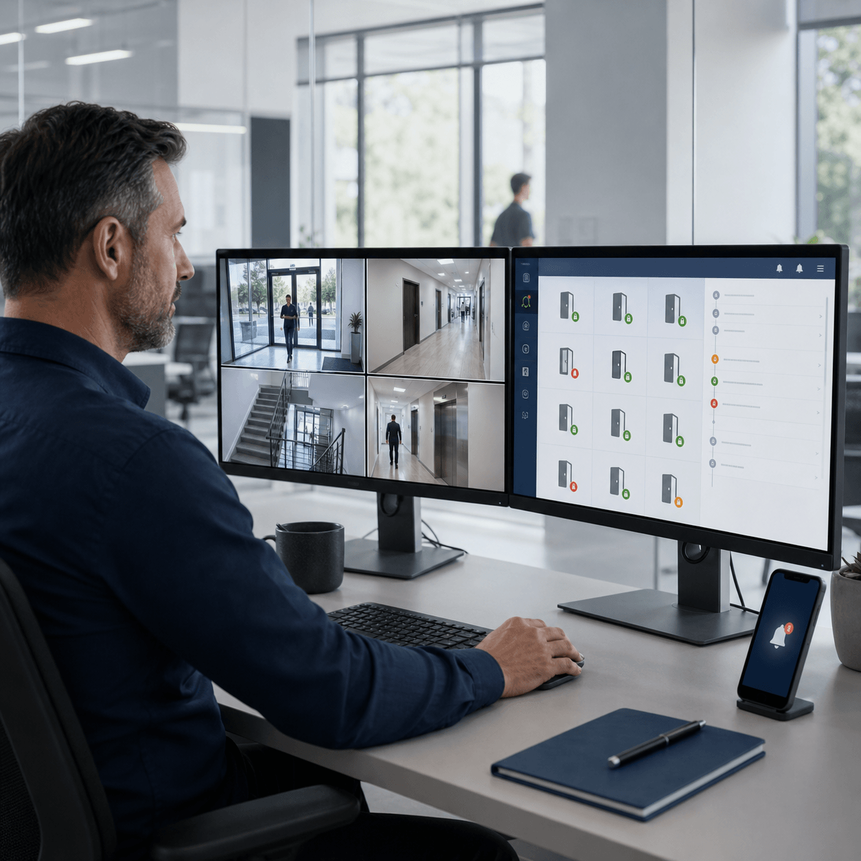 Man at a desk monitors multiple security camera feeds on dual monitors in an office control room.