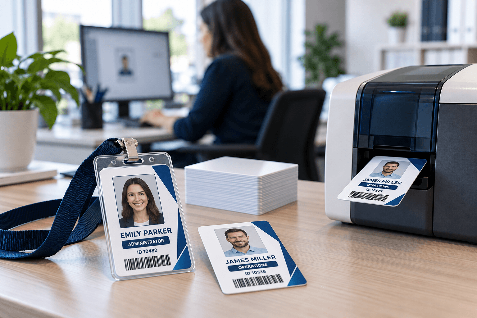 Workstation with realistic employee badges